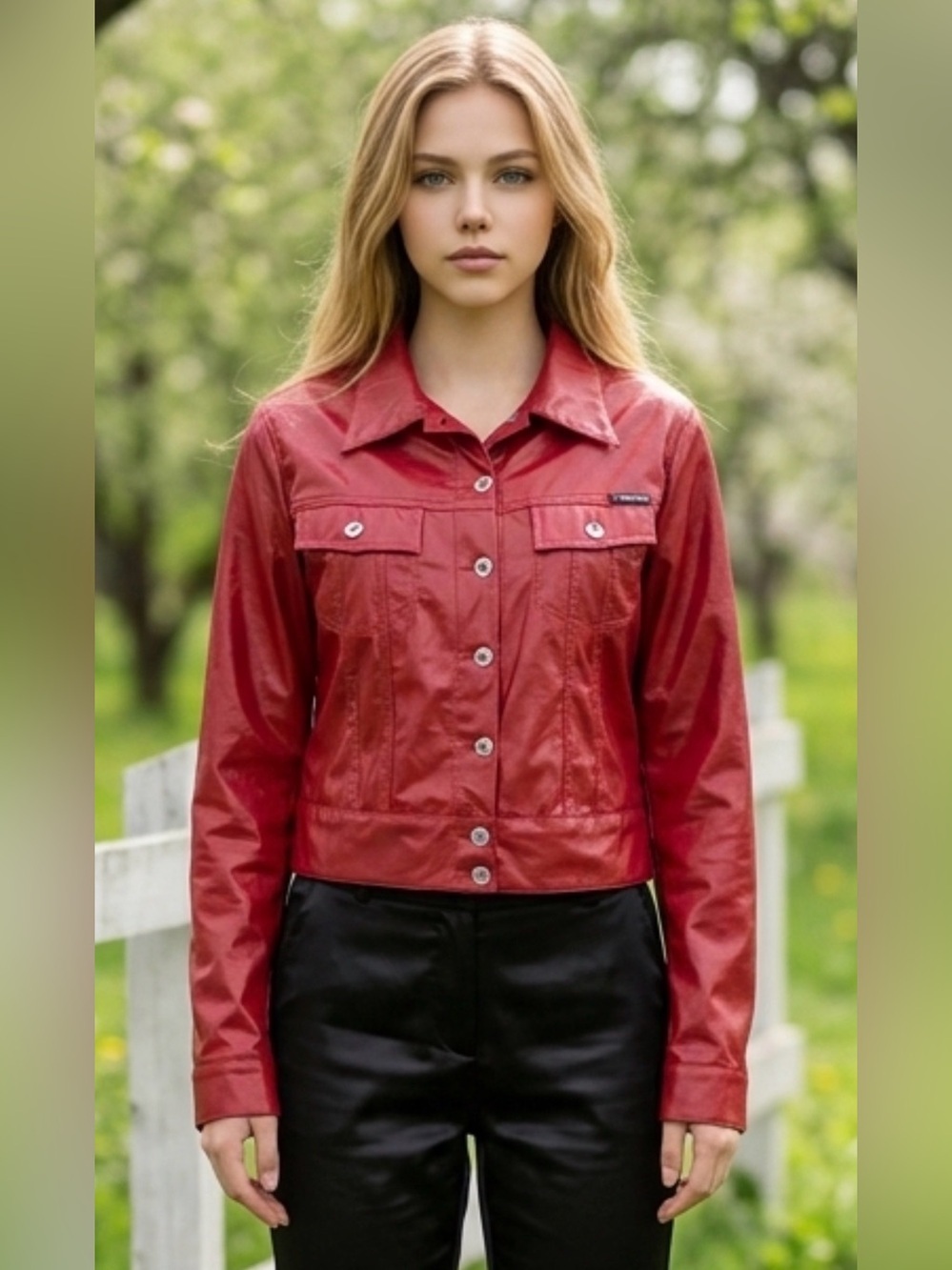 Women's Red Cropped Button-Front faux leather Jacket